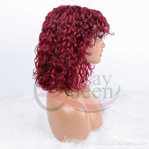 Mayqueen Wholesale Glueless 99j Color Short Curl Wig Machine Made Brazilian 100% Virgin Cuticle Aligned Human Hair Wig no Lace
